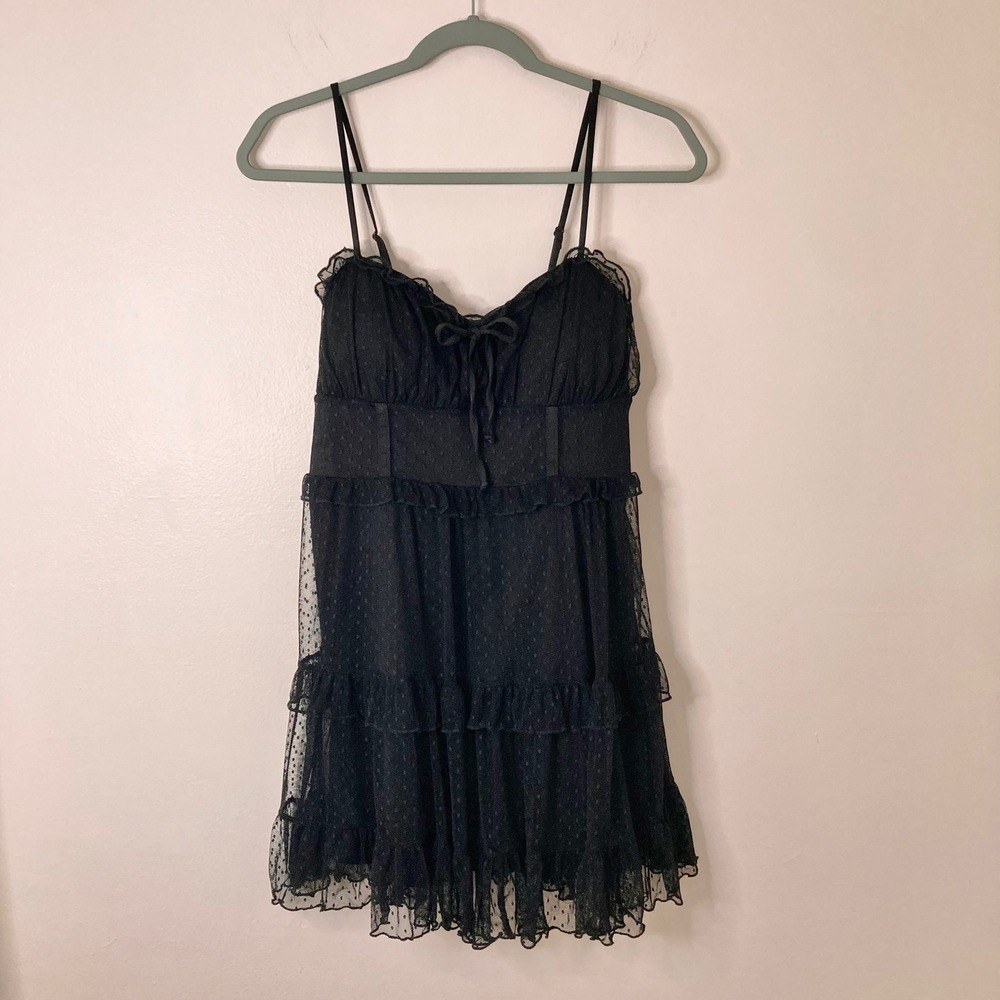 Black Swiss Dot Mesh Tiered Babydoll Mini Dress Wild Fable S Ruffle Smocked Back